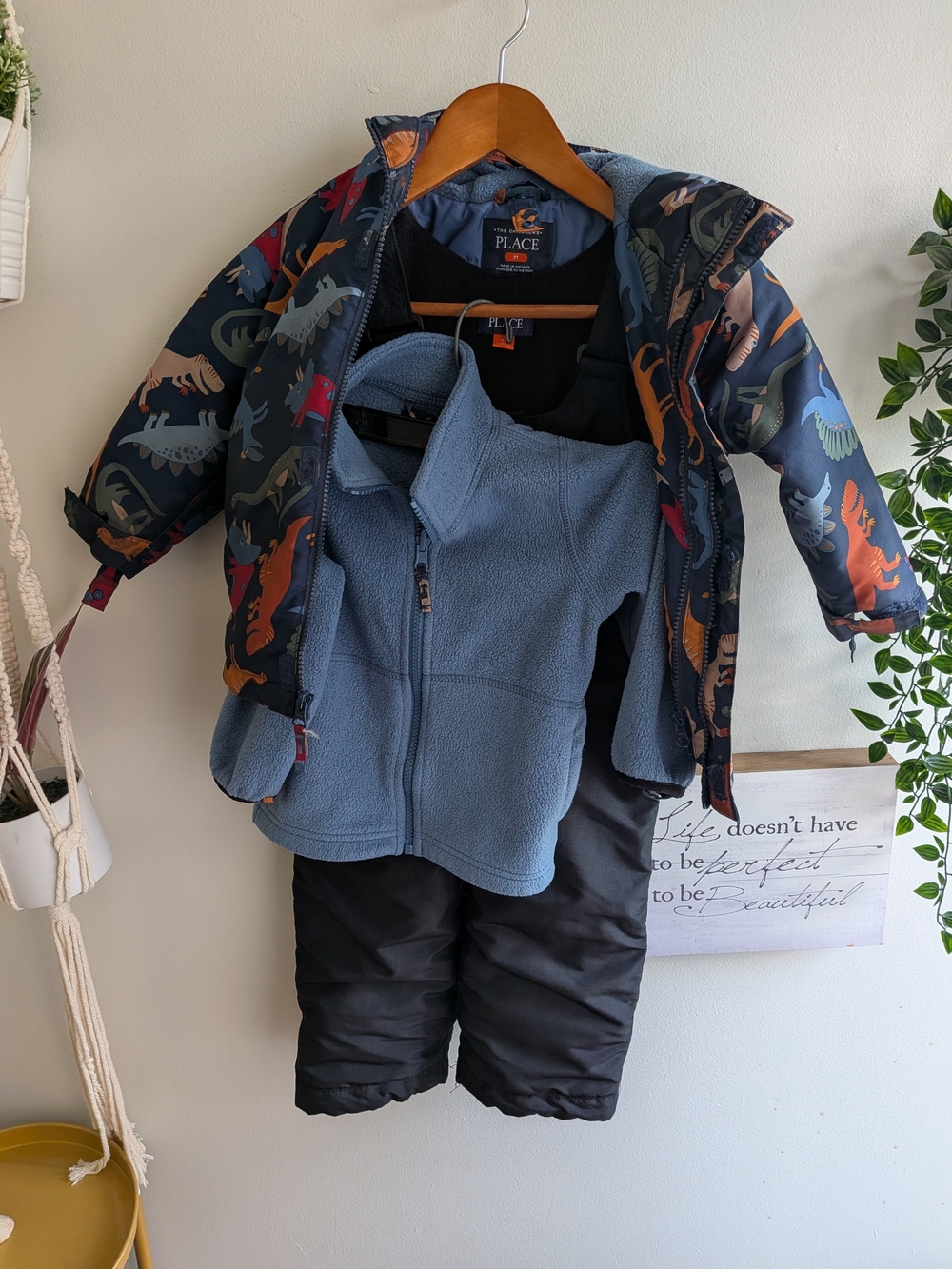 The Children's Place Navy Dino Print Puffer Jacket, Snwpants And Fleece Layer Ja